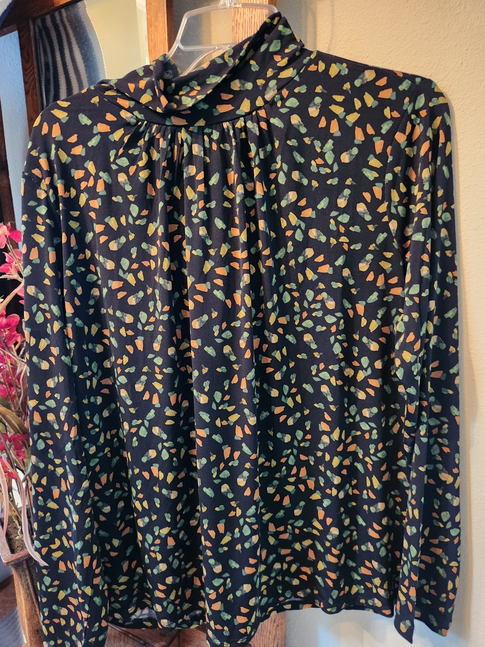 Susan Graver Black Long-Sleeve Top with Green & Orange Abstract Print